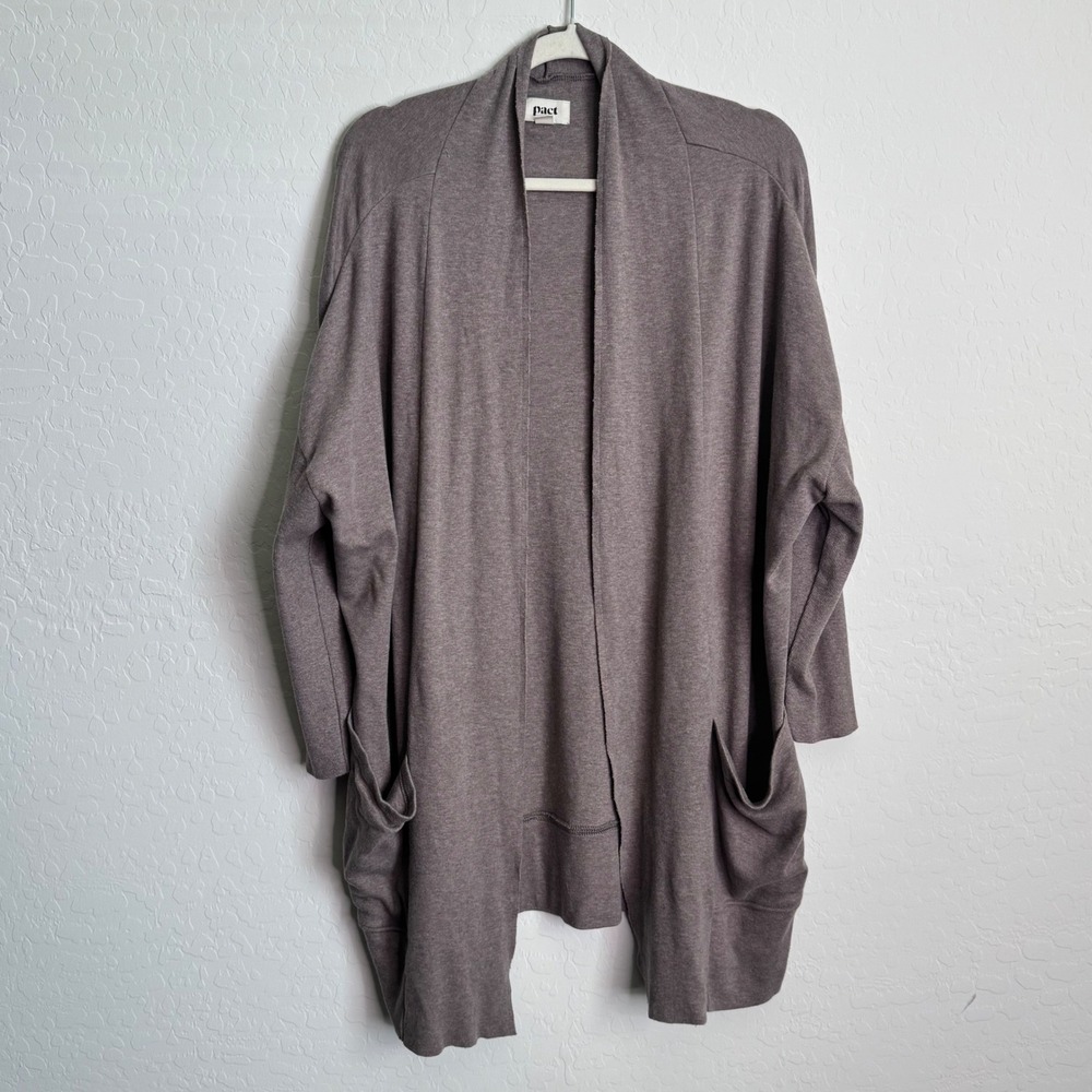 Pact Organic Cotton Airplane Open Cardigan Sweater Taupe Pockets ML Oversized